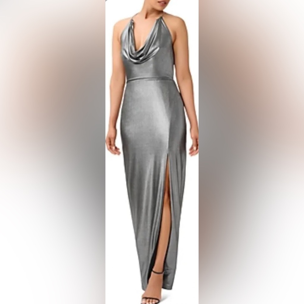 NWT Aidan Mattox Metallic Silver Maxi Dress